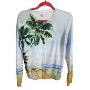 LORD & TAYLOR M Womens Sweater Cardigan Palm Tree Beach Scene Print Long Slv NEW